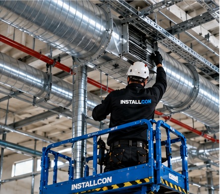 InstallCon Montageteam bei Lüftungsmontage in einer Industriehalle