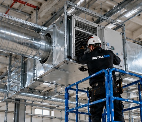 InstallCon Techniker auf Hebebühne bei der Montage einer Lüftungsanlage
